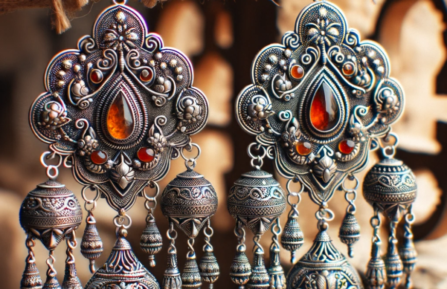 DALL·E-2023-10-25-17.27.38-Photo-of-a-close-up-view-of-Mardin-Midyat-telkari-earrings-hanging-showcasing-the-detailed-craftsmanship