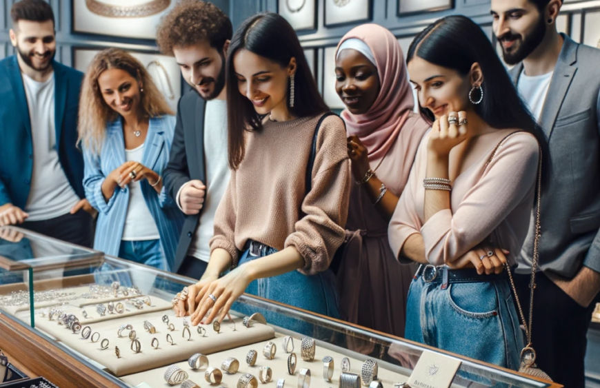 DALL·E-2023-10-25-18.30.28-Photo_-A-diverse-group-of-people-examining-silver-rings-bracelets-and-necklaces-in-a-jewelry-store-interior.-In-the-foreground-a-counter-displays-a