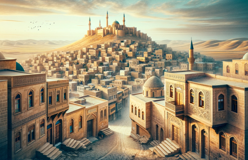 DALL·E-2023-11-04-17.37.57-Create-an-image-showcasing-the-ancient-cityscape-of-Mardin-Turkey-with-its-distinctive-beige-stone-architecture-narrow-alleys-and-a-hilltop-fortre