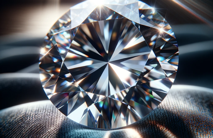 DALL·E 2023-11-04 21.56.59 – A close-up, highly detailed image of a sparkling diamond placed elegantly on a dark velvet cloth. The diamond should be cut in a round brilliant shape