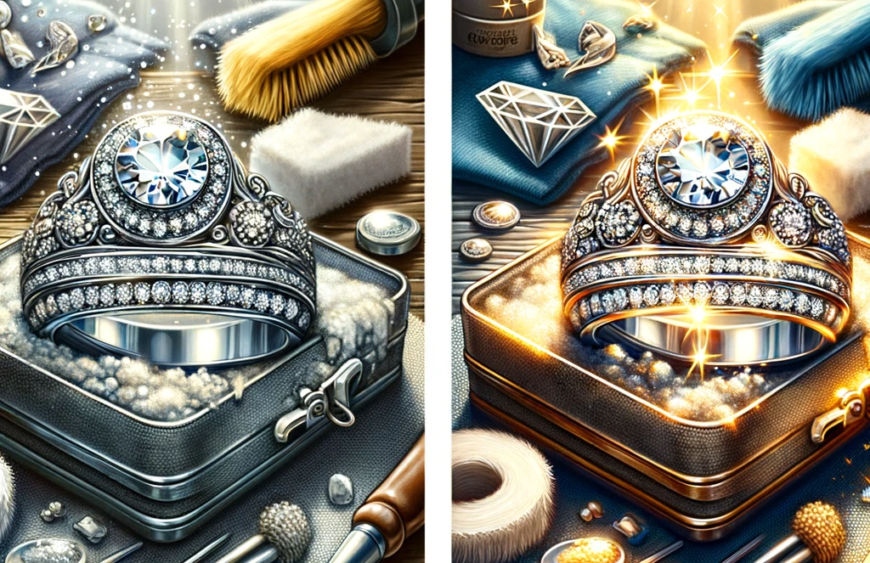 DALL·E 2023-11-09 09.35.17 – Create two distinct images for an article titled ‘The Secrets to Polishing Your Silver Jewelry_ Expert Care Tips’. Image 1 should depict a set of tarn