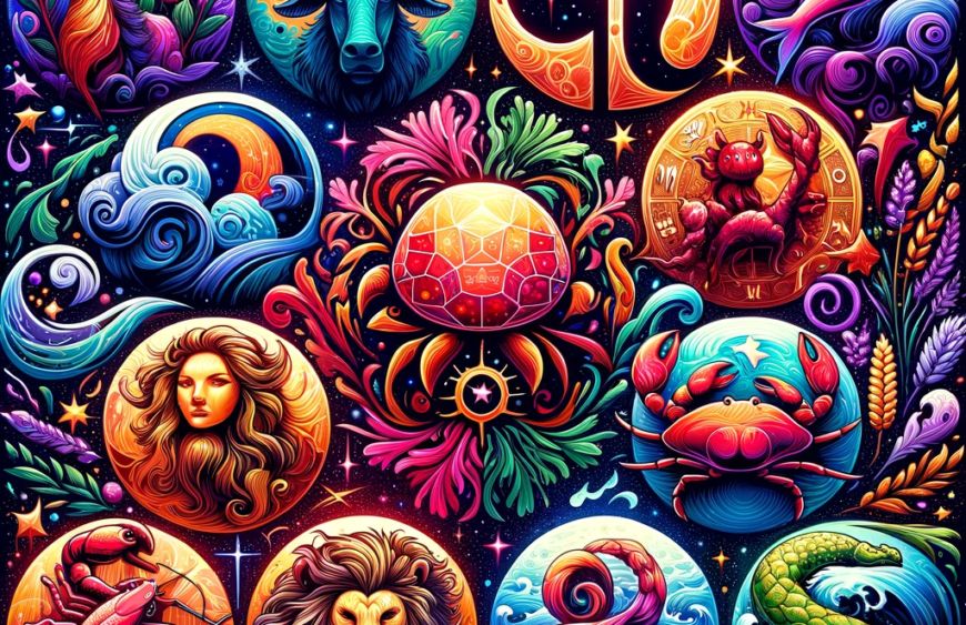 DALL·E 2023-11-11 00.21.27 – A colorful and artistic representation of the twelve zodiac signs without human figures, each depicted with unique symbols and elements that reflect t