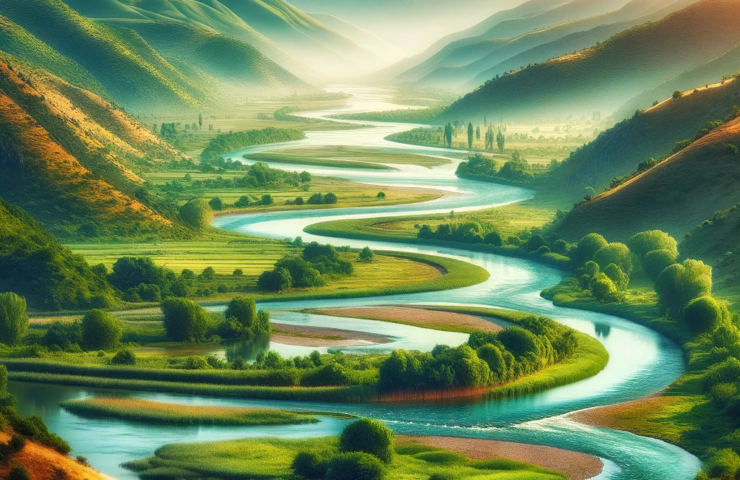 DALL·E 2023-11-11 13.52.05 – A scenic view of the Tigris River, known as Dicle Nehri in Turkey, flowing through a lush landscape. The image captures the river’s meandering path, s
