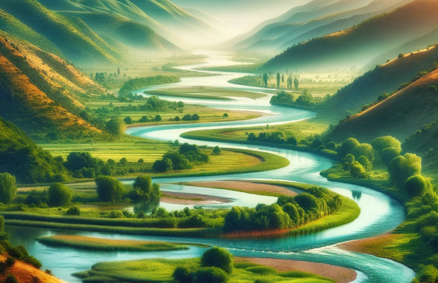 DALL·E 2023-11-11 13.52.05 – A scenic view of the Tigris River, known as Dicle Nehri in Turkey, flowing through a lush landscape. The image captures the river’s meandering path, s