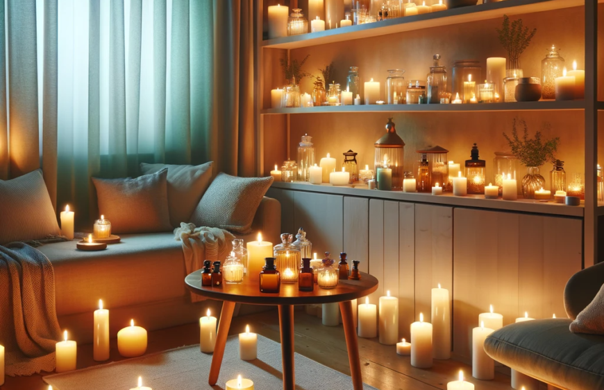DALL·E 2023-11-12 00.08.06 – A cozy room illuminated by various aromatherapy candles, creating a tranquil and soothing atmosphere. The candles are strategically placed around the