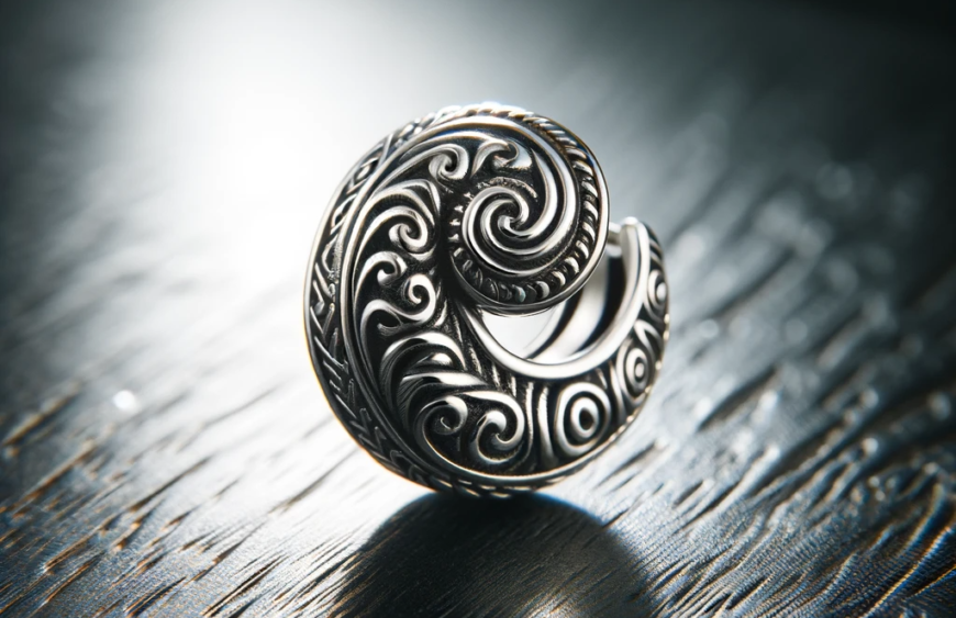 DALL·E 2023-11-13 21.52.21 – A handcrafted 925 sterling silver spiral huggie earring, featuring intricate designs and an authentic, stylish look. The earring showcases a tradition