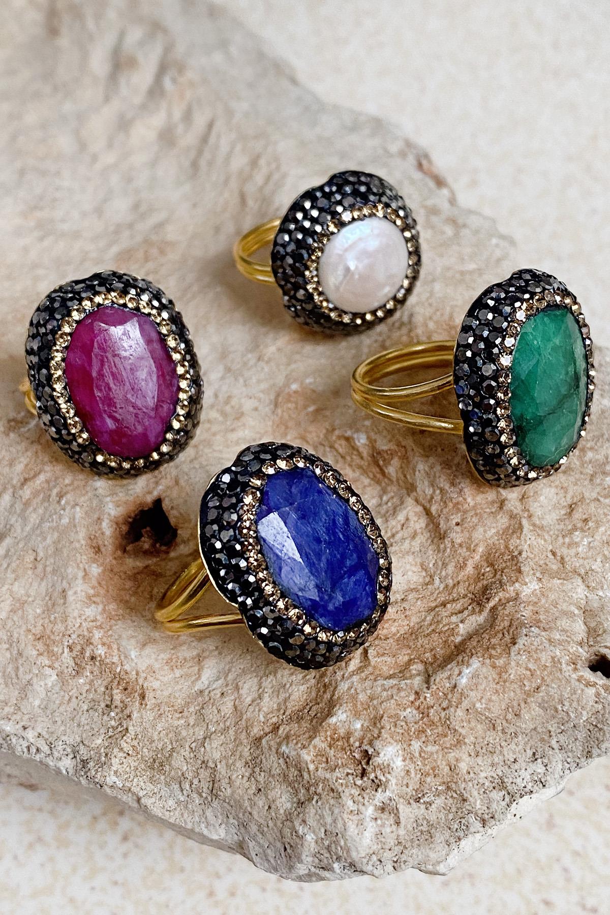 Akasya Serisi Kırmızı Kök Yakut Doğal Taşlı El İşi Kadın Yüzük Ayarlanabilir Ölçü