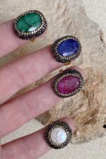 Akasya Serisi Yeşil Kök Zümrüt Doğal Taşlı El İşi Kadın Yüzük Ayarlanabilir Ölçü