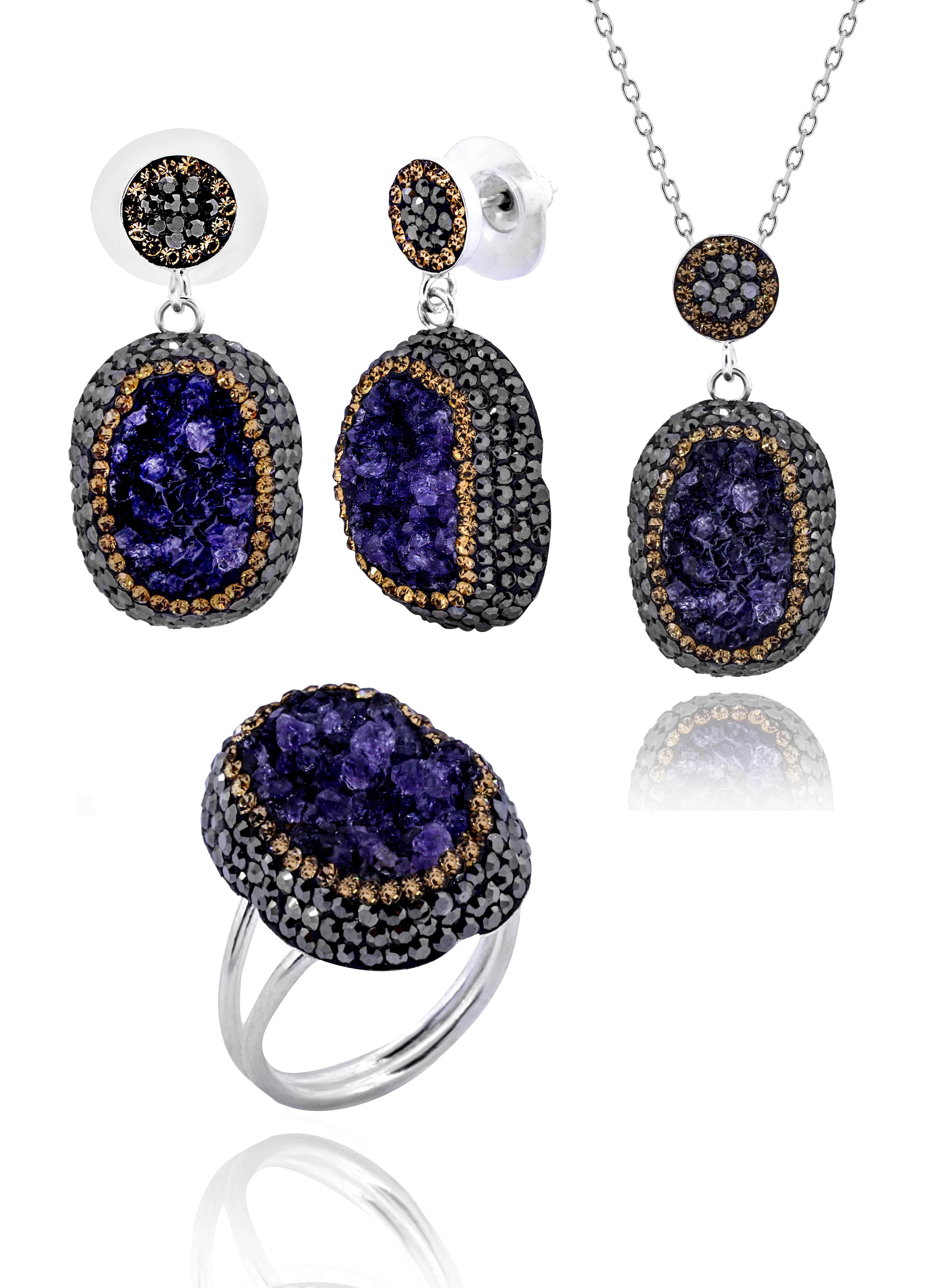 Akasya Serisi Oval Doğal Taşlı Mor Ametist Doğal Taşlı Kadın Üçlü Set