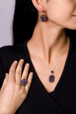 Akasya Serisi Oval Doğal Taşlı Mor Ametist Doğal Taşlı Kadın Üçlü Set