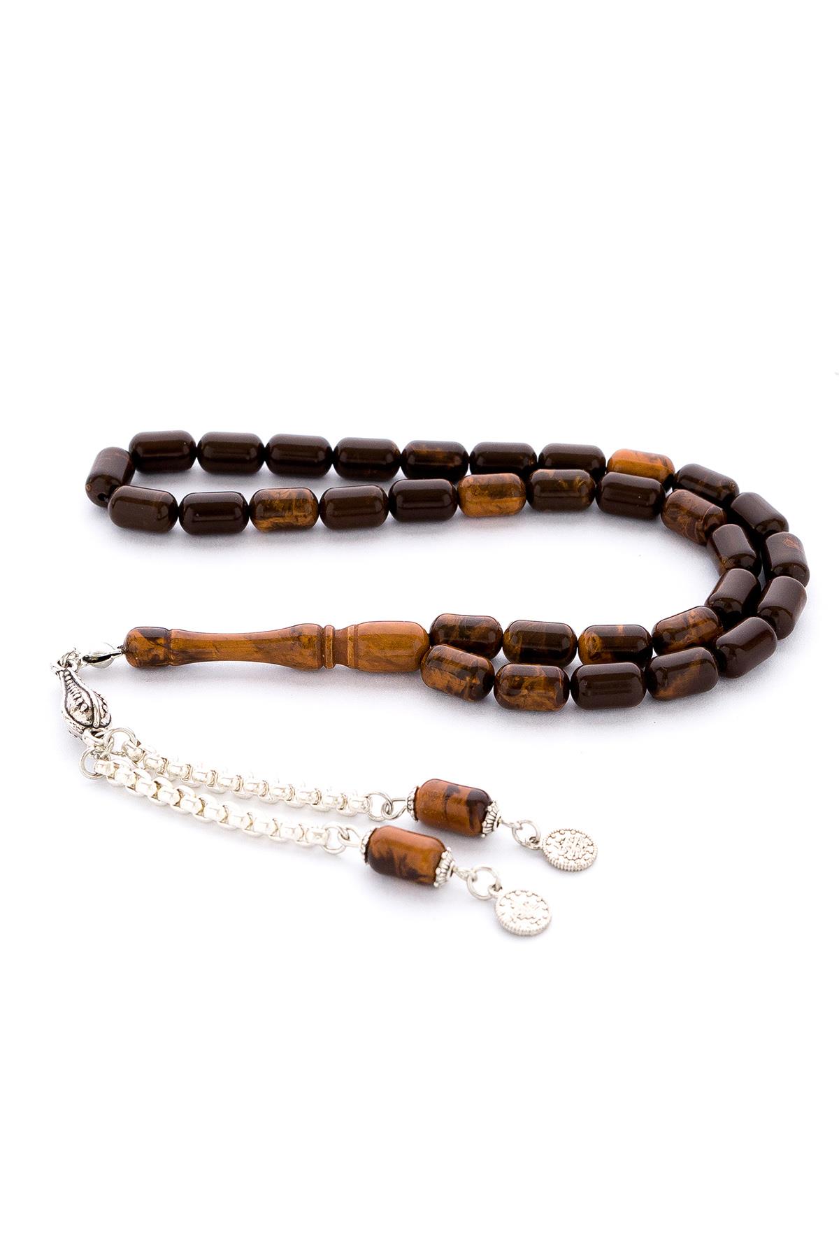 Kapsül Kesim Kahverengi Akrilik Döküm Tesbih Metal Püsküllü Kehribar Benzetme