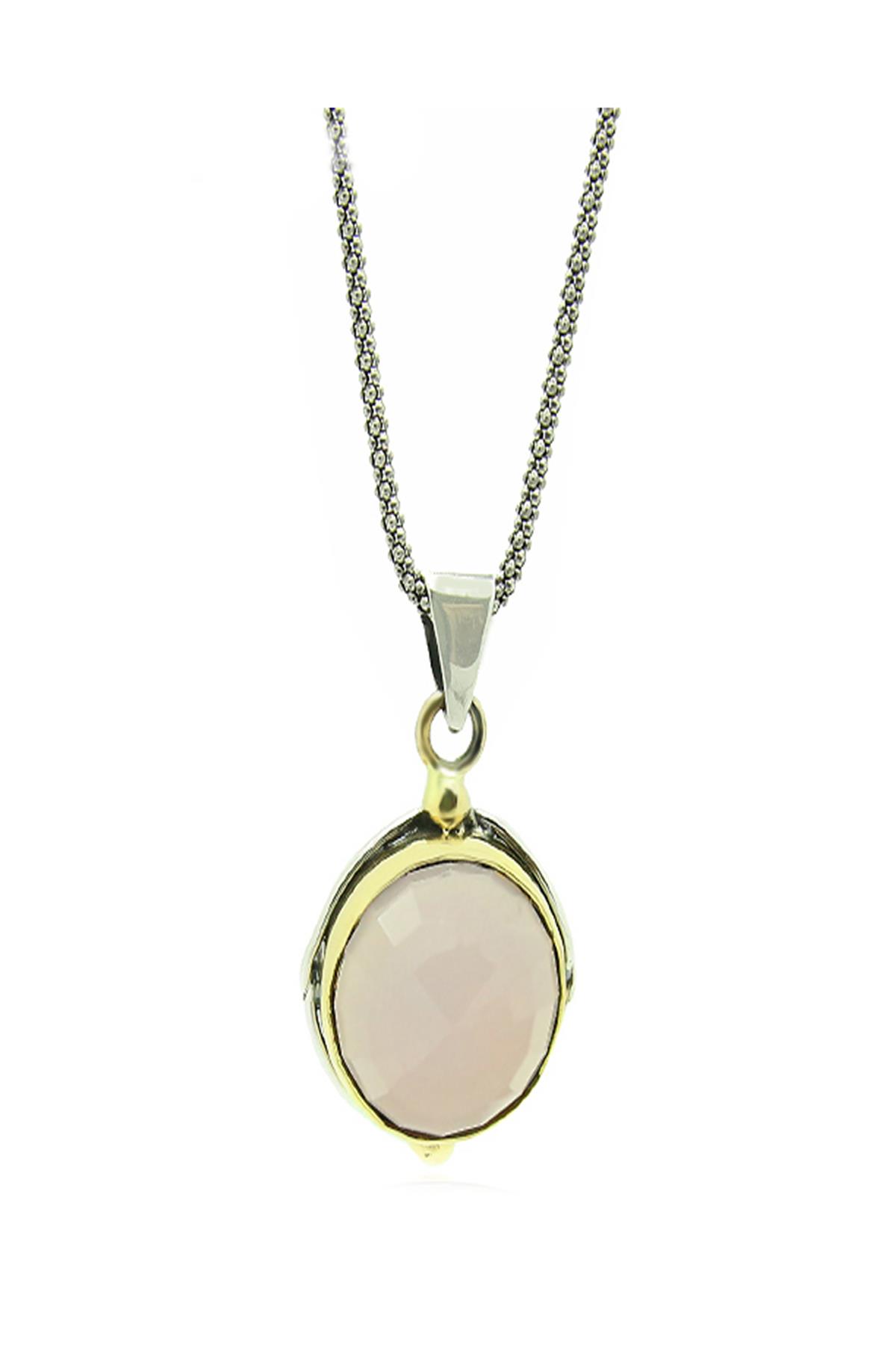 Gümüş Pembe Kuvars Taşlı Bayan Kolye