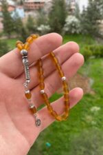 Kahve Renkli Bilek Boy Maskot Cam Tesbih Esnek İpli Süs Tesbihi Metal Püsküllü