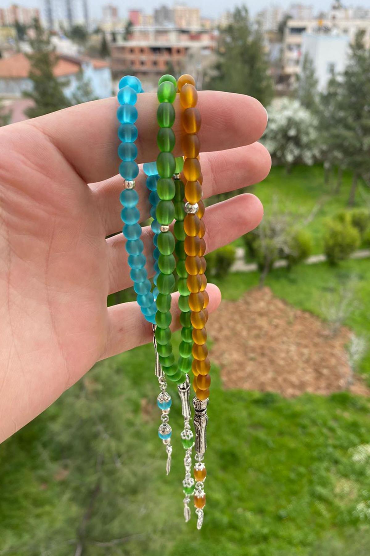 Kahve Renkli Bilek Boy Maskot Cam Tesbih Esnek İpli Süs Tesbihi Metal Püsküllü