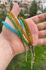 Kahve Renkli Bilek Boy Maskot Cam Tesbih Esnek İpli Süs Tesbihi Metal Püsküllü