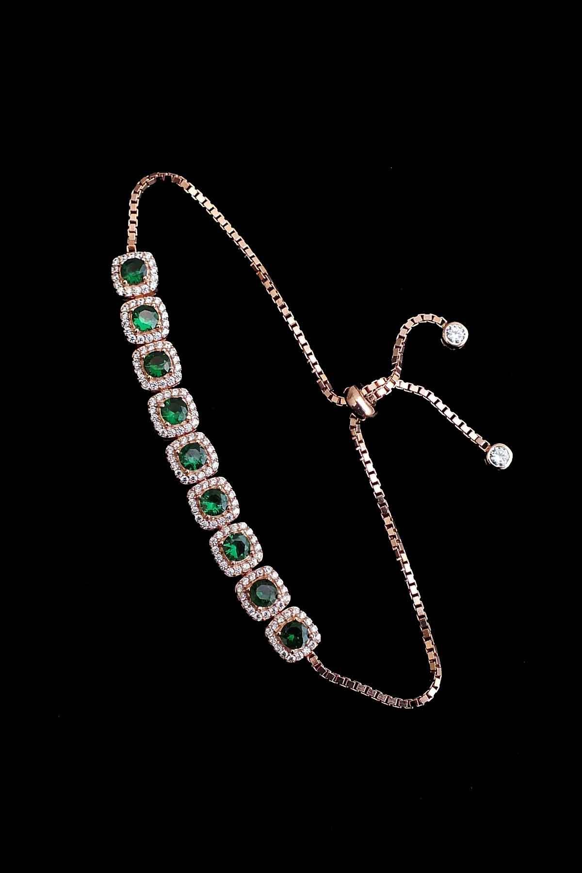 Yeşil Yeşim Kare Taşlı Asansörlü Bayan Gümüş Bileklik