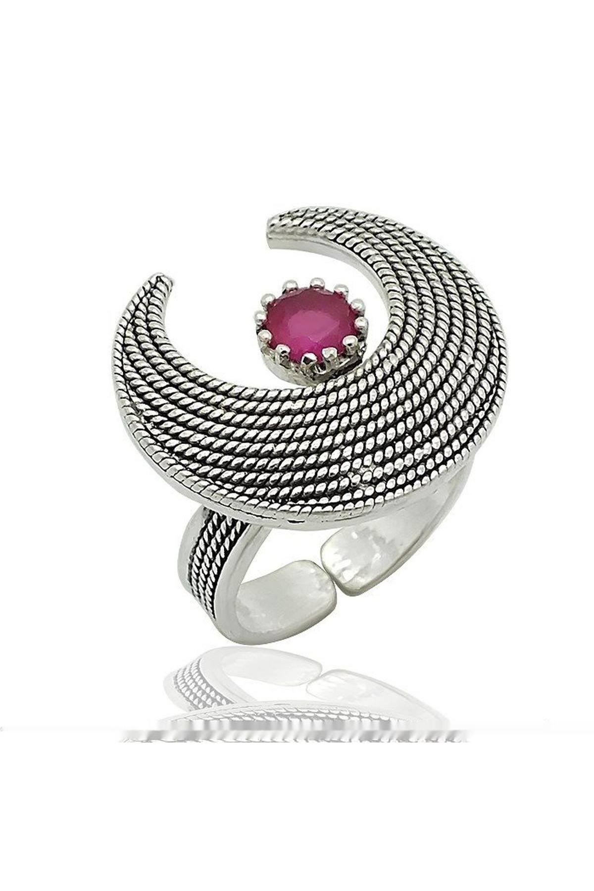 Kırmızı Lal Taşlı Gümüş Hilal Telkari Bayan Yüzük Ayarlanabilir Ölçülü