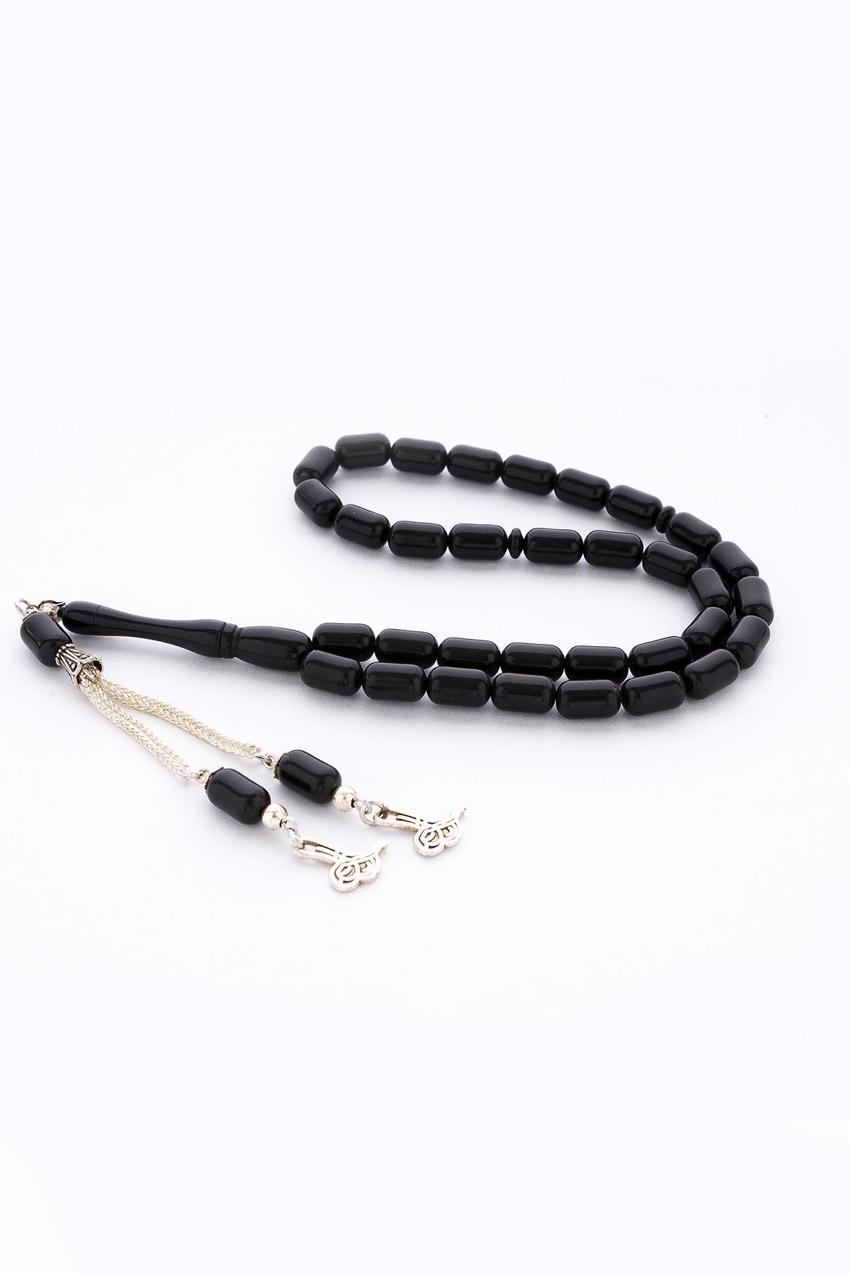 Kapsül Kesim Siyah Akrilik Döküm Tesbih Metal Püsküllü Kehribar Benzetme