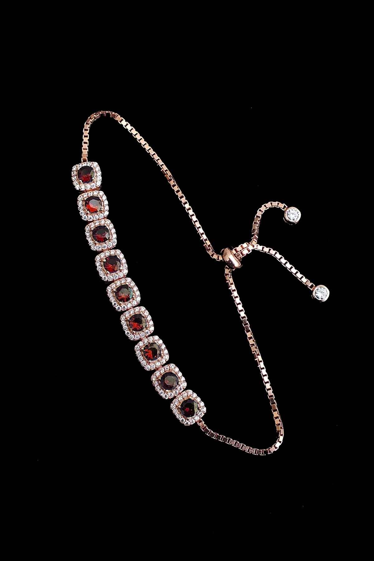 Kırmızı Lal Kare Taşlı Asansörlü Bayan Gümüş Bileklik