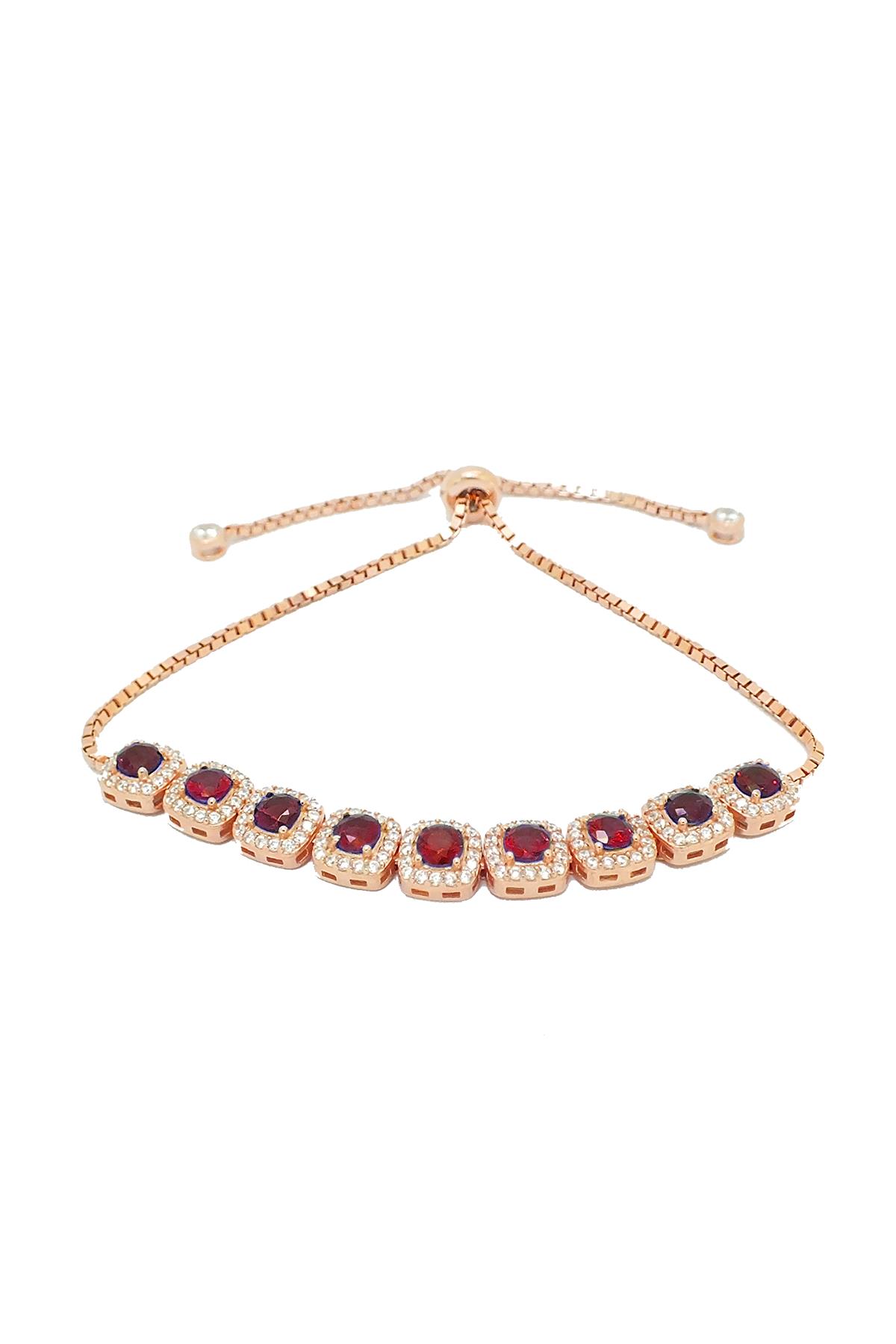 Kırmızı Lal Kare Taşlı Asansörlü Bayan Gümüş Bileklik