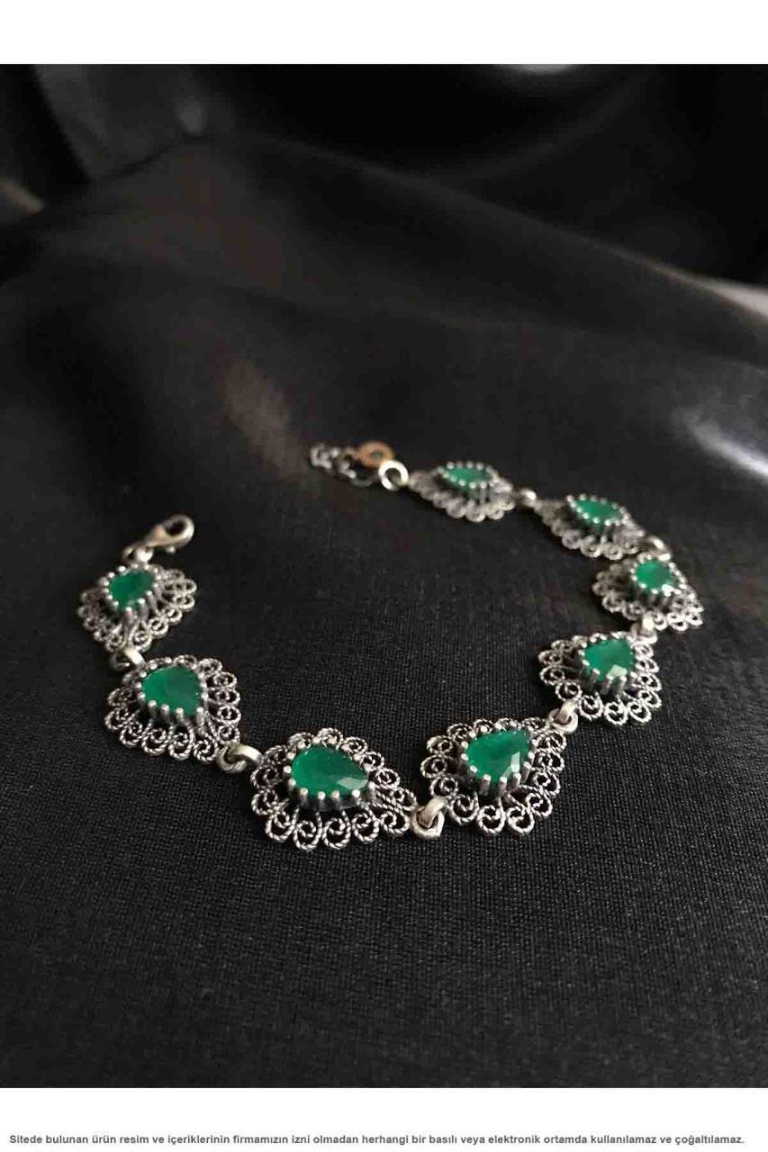Miras Serisi Telkari Gümüş Yeşim Taşlı Bayan Bileklik