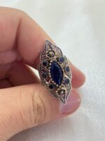 Safir Taşlı Dizi Yüzüğü Telkari Gümüş Motifli Bayan Yüzük