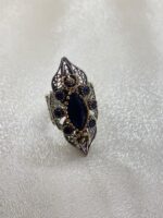 Safir Taşlı Dizi Yüzüğü Telkari Gümüş Motifli Bayan Yüzük