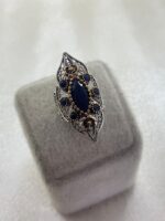 Safir Taşlı Dizi Yüzüğü Telkari Gümüş Motifli Bayan Yüzük