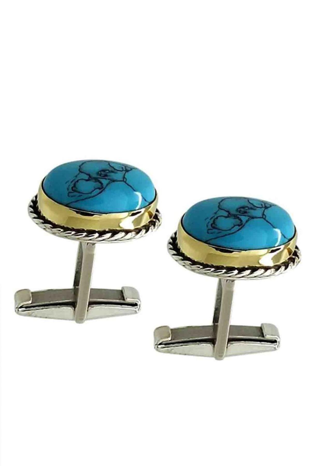 Gümüş El İşi Firüze Taşlı Erkek Kol Düğmesi Mardin Midyat