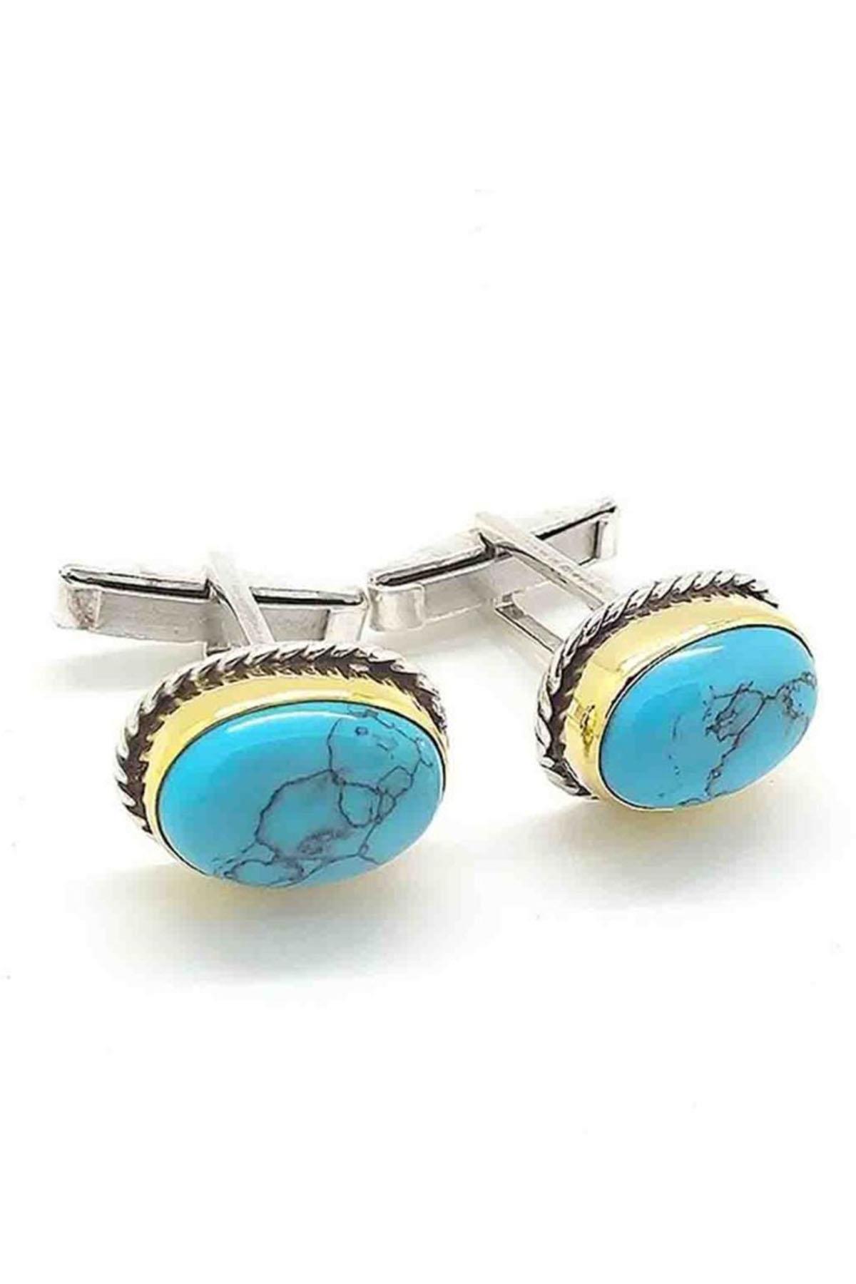 Gümüş El İşi Firüze Taşlı Erkek Kol Düğmesi Mardin Midyat