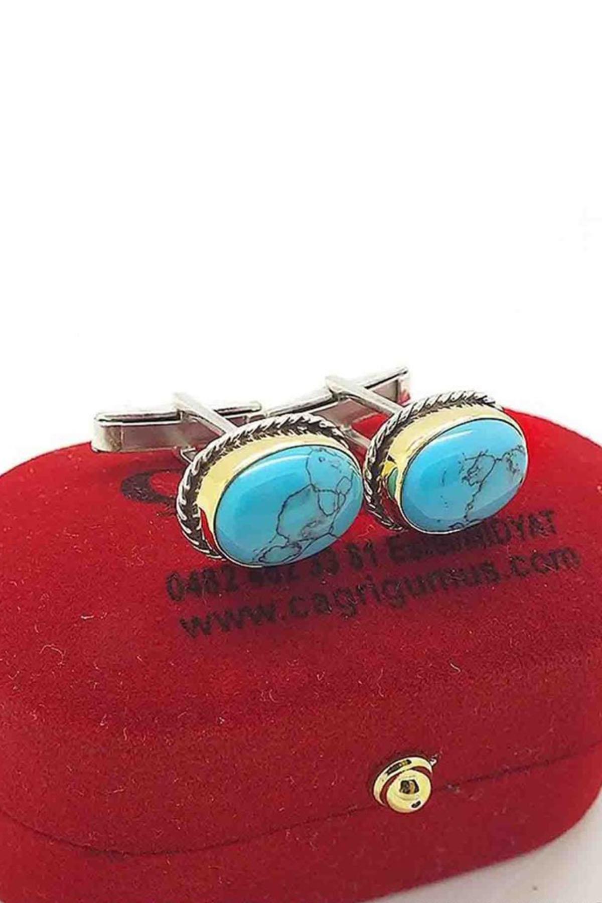 Gümüş El İşi Firüze Taşlı Erkek Kol Düğmesi Mardin Midyat