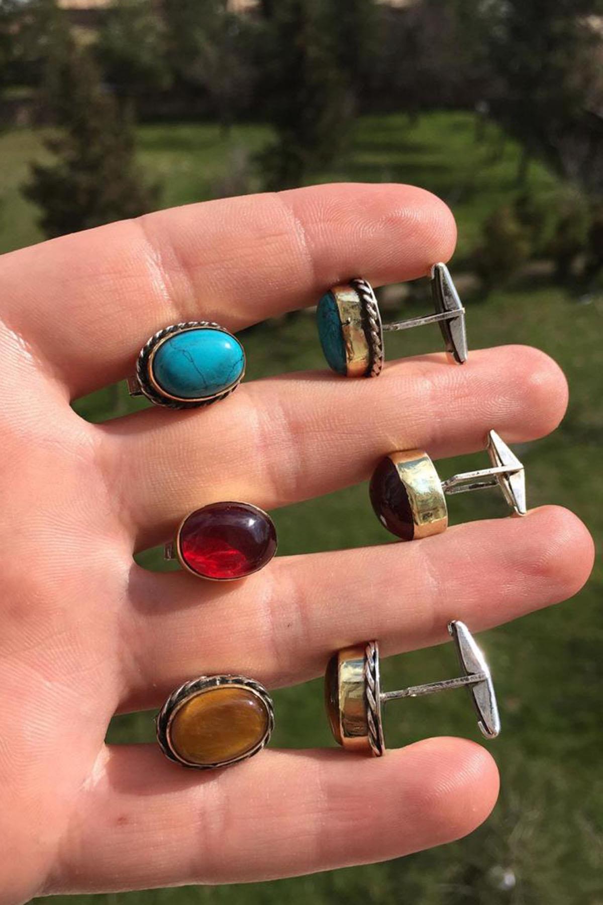 Gümüş El İşi Firüze Taşlı Erkek Kol Düğmesi Mardin Midyat