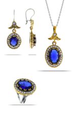 Gümüş Mavi Safir Taşlı Otantik Üçlü Set Otantik Kadın Takı