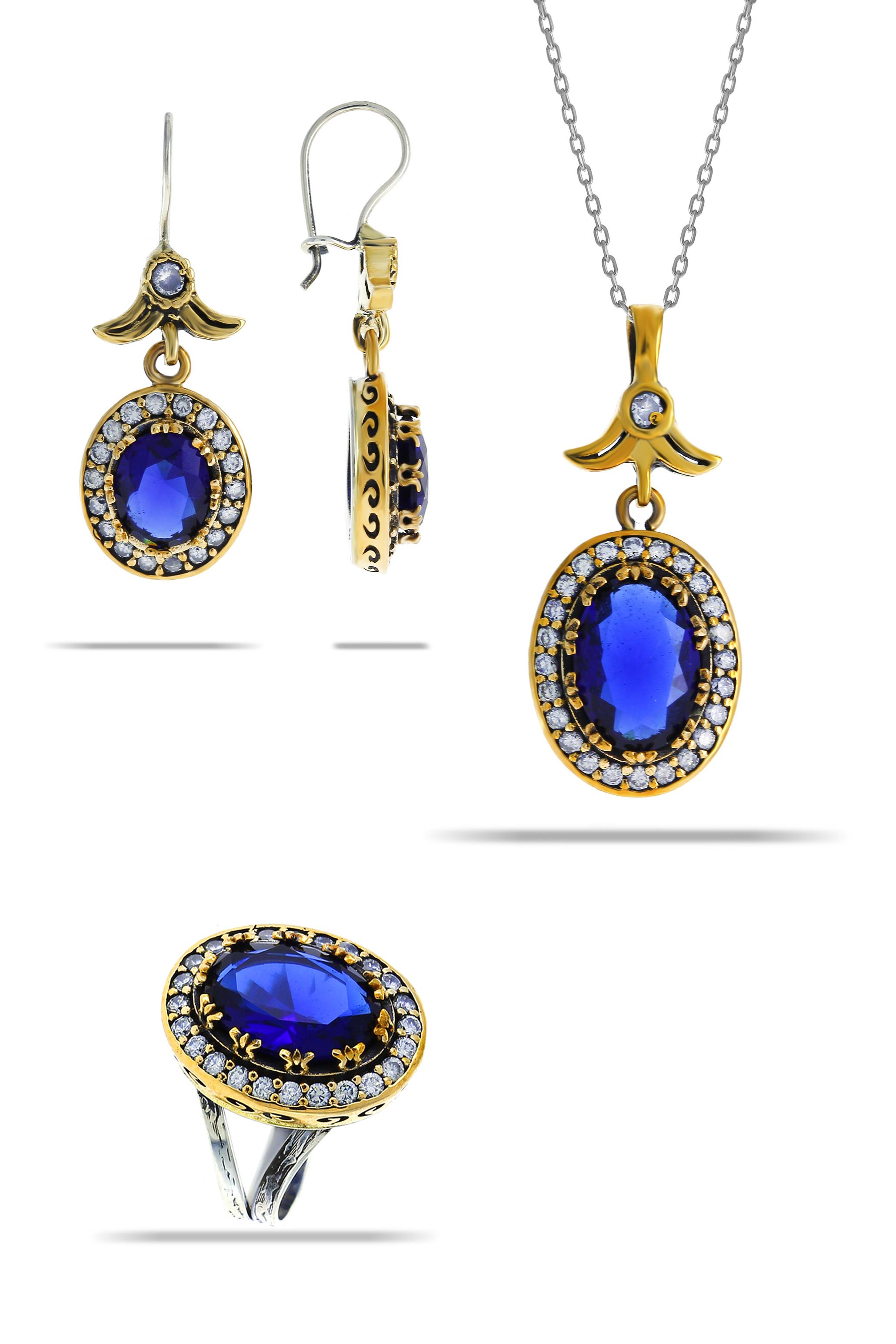 Gümüş Mavi Safir Taşlı Otantik Üçlü Set Otantik Kadın Takı