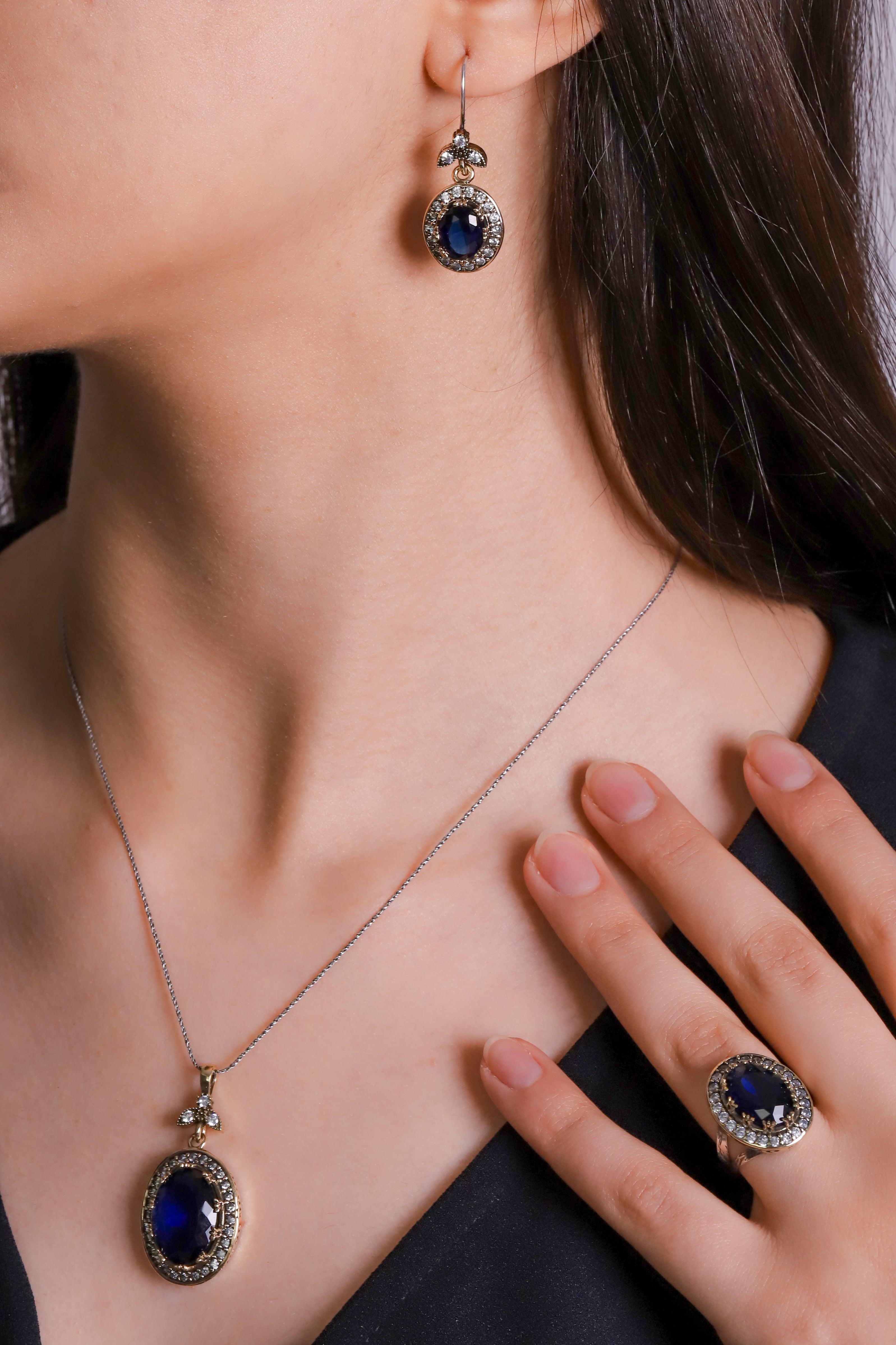 Gümüş Mavi Safir Taşlı Otantik Üçlü Set Otantik Kadın Takı