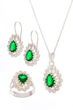 Miras Serisi Gümüş Telkari Yeşil Yeşim Taşlı Üçlü Set Takı Midyat