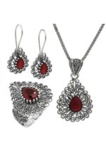 Miras Serisi Gümüş Telkari Kök Yakut Taşlı Damla Üçlü Set Takı