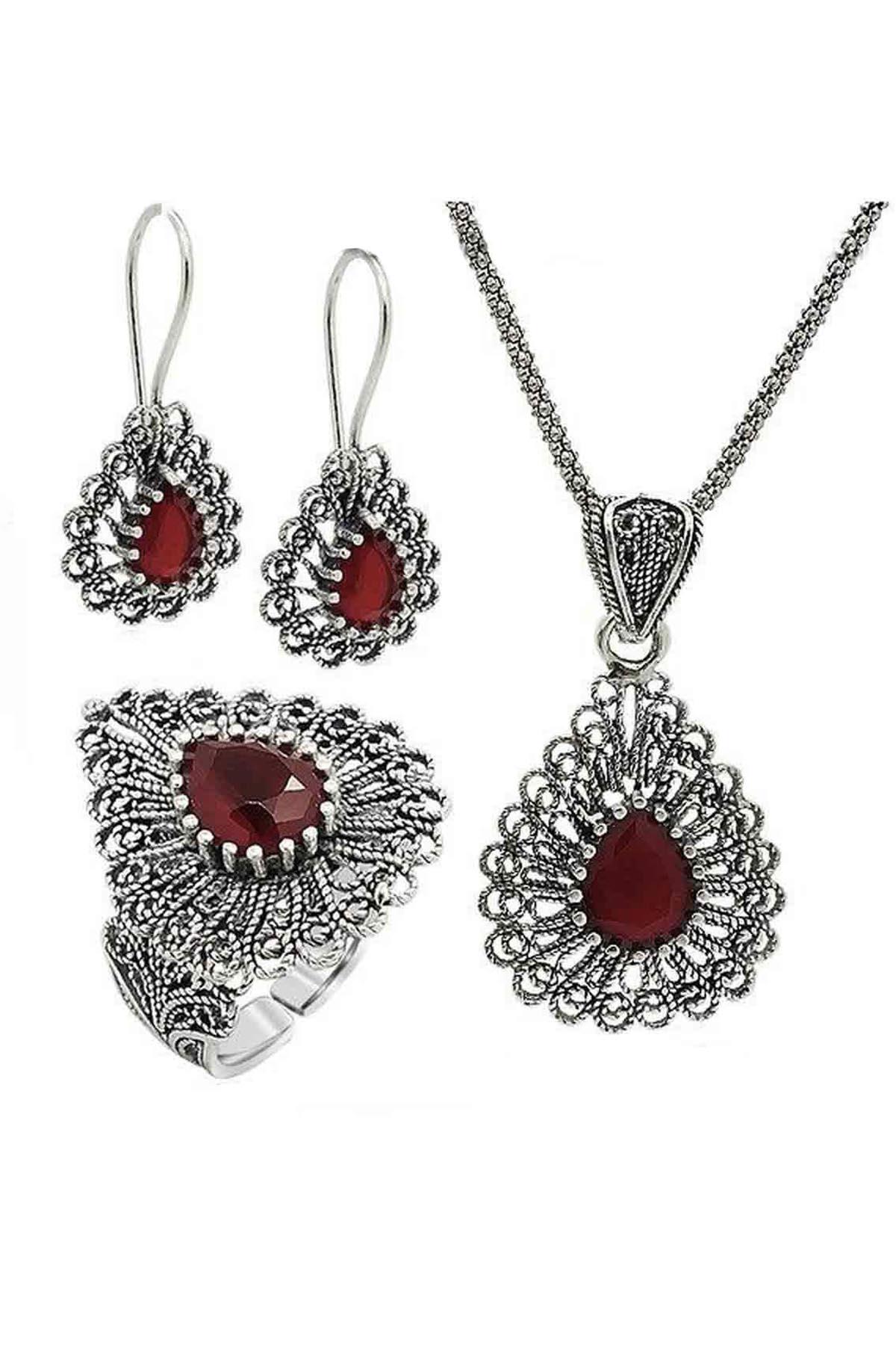 Miras Serisi Gümüş Telkari Kök Yakut Taşlı Damla Üçlü Set Takı