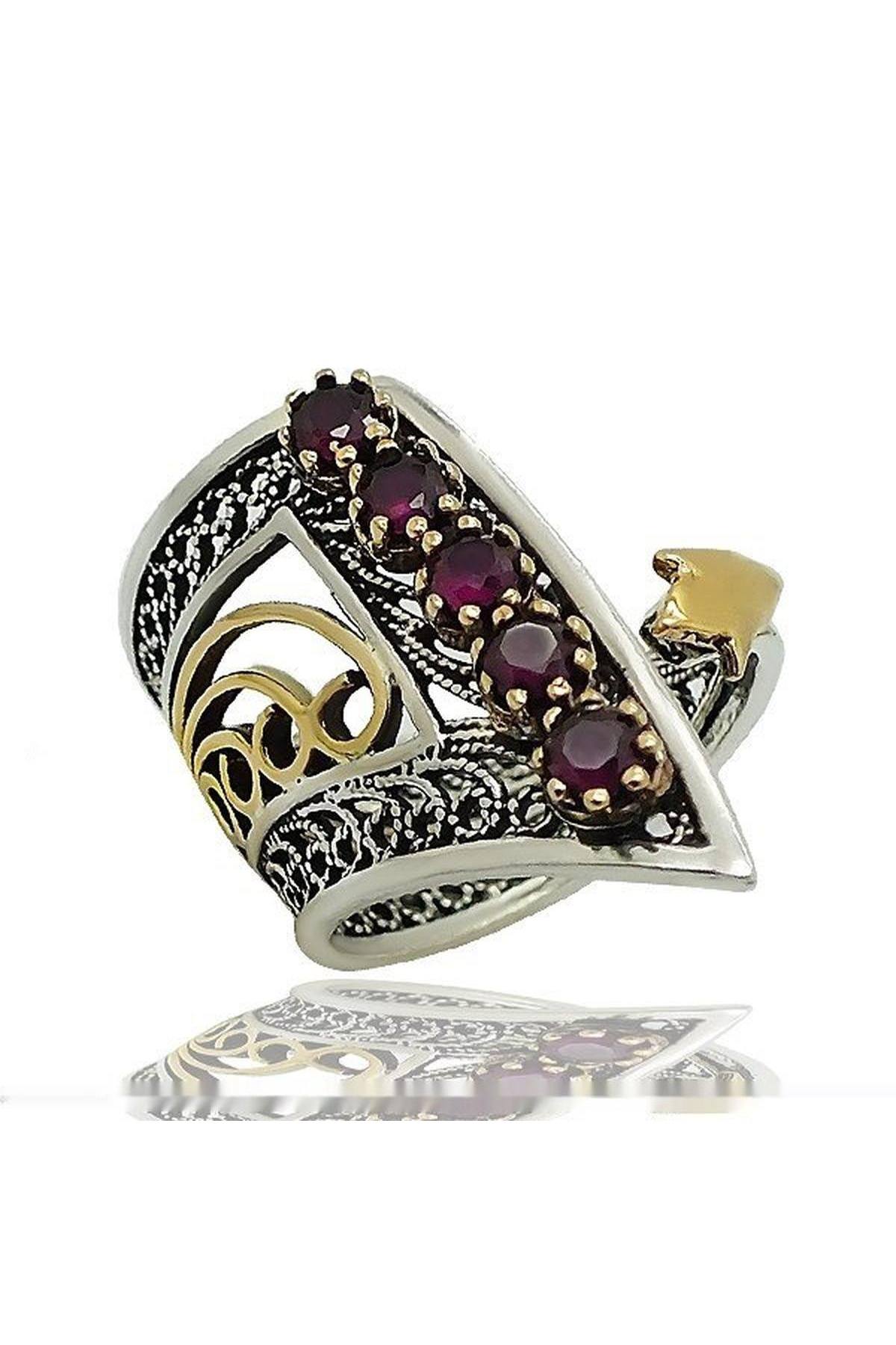 Yakut Lal Kırmızı Taşlı Gümüş Telkari Tasarım Kadın Ayarlanabilir Ölçülü Yüzük