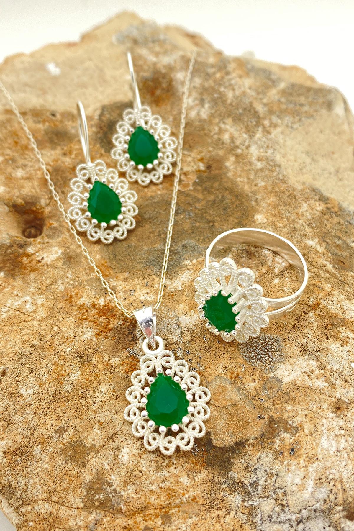 Miras Serisi Gümüş Telkari Yeşil Yeşim Taşlı Üçlü Set Takı Midyat