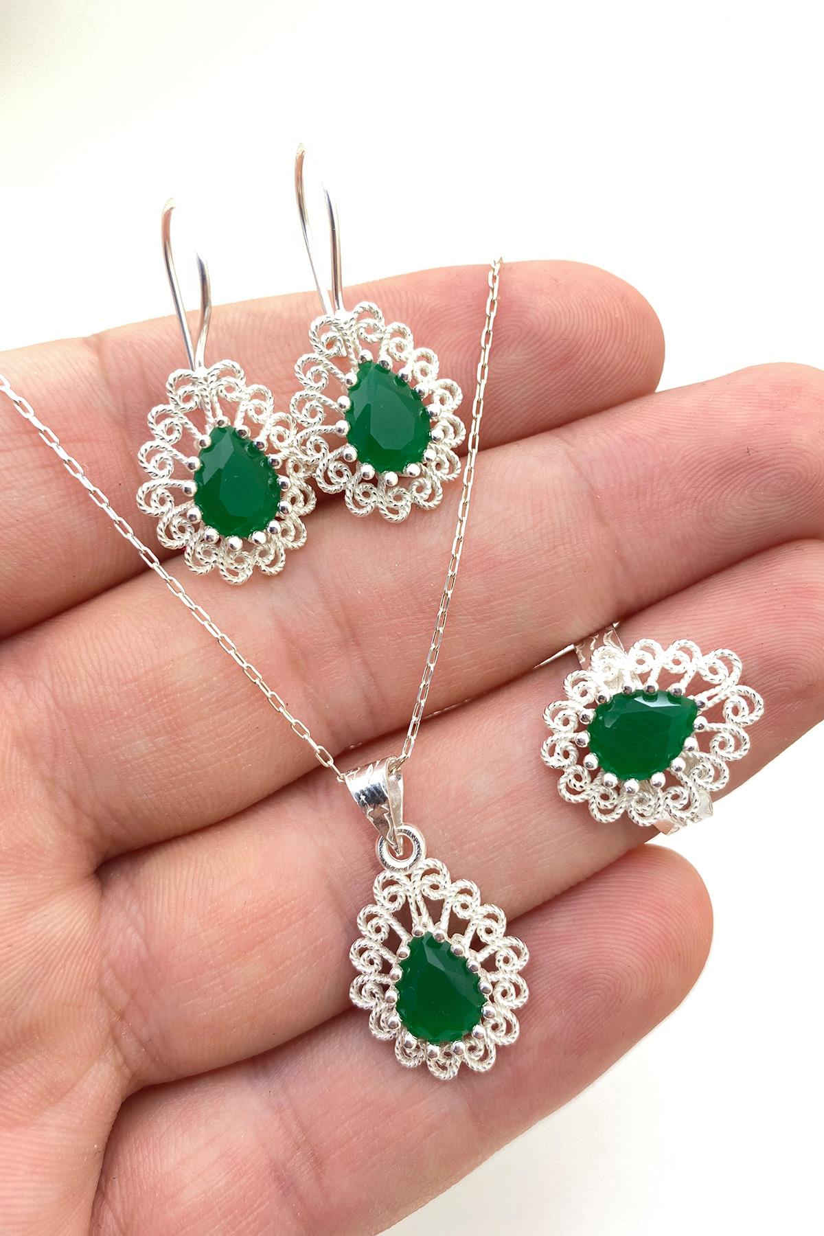 Miras Serisi Gümüş Telkari Yeşil Yeşim Taşlı Üçlü Set Takı Midyat