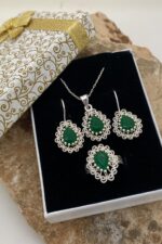 Miras Serisi Gümüş Telkari Yeşil Yeşim Taşlı Üçlü Set Takı Midyat