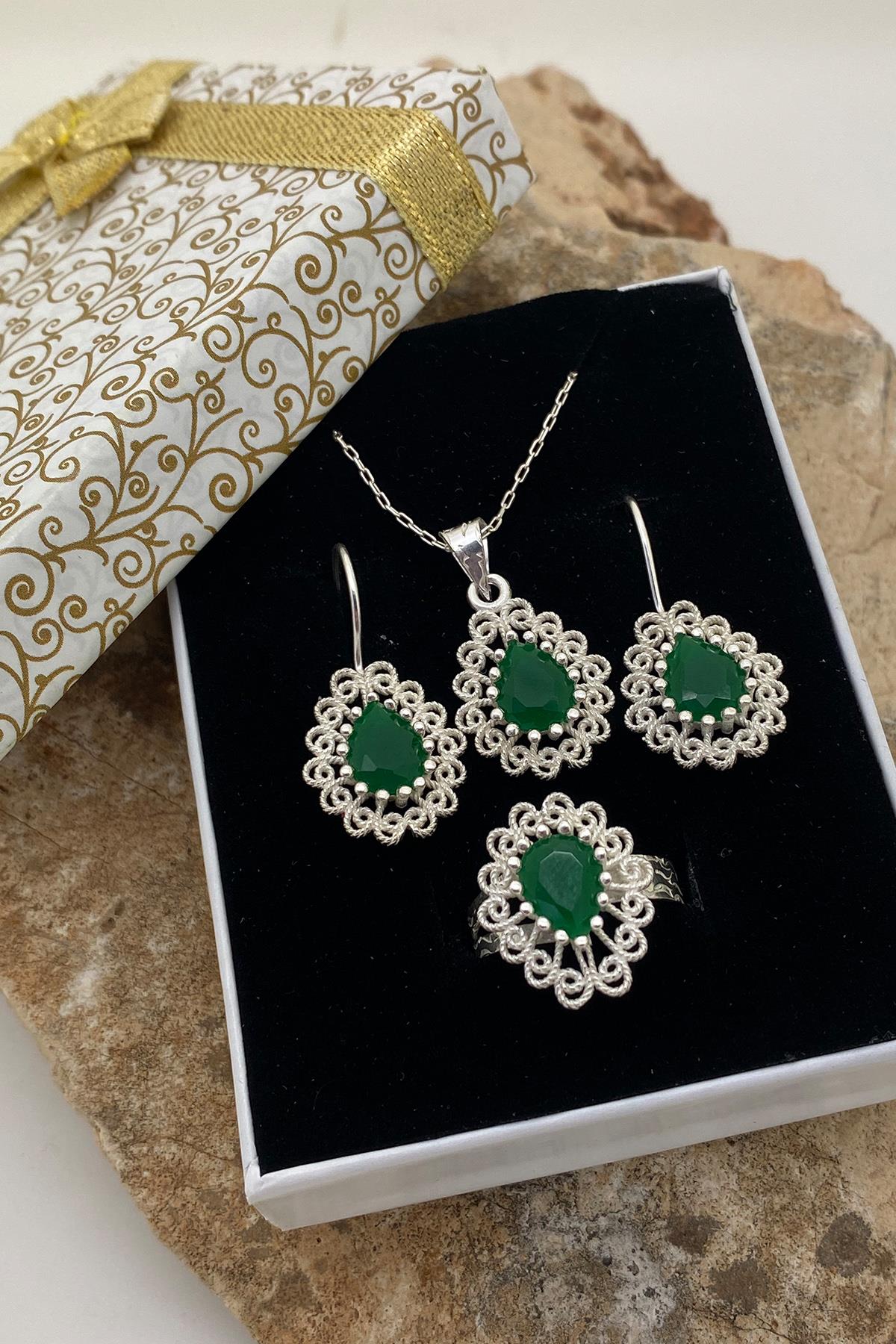 Miras Serisi Gümüş Telkari Yeşil Yeşim Taşlı Üçlü Set Takı Midyat