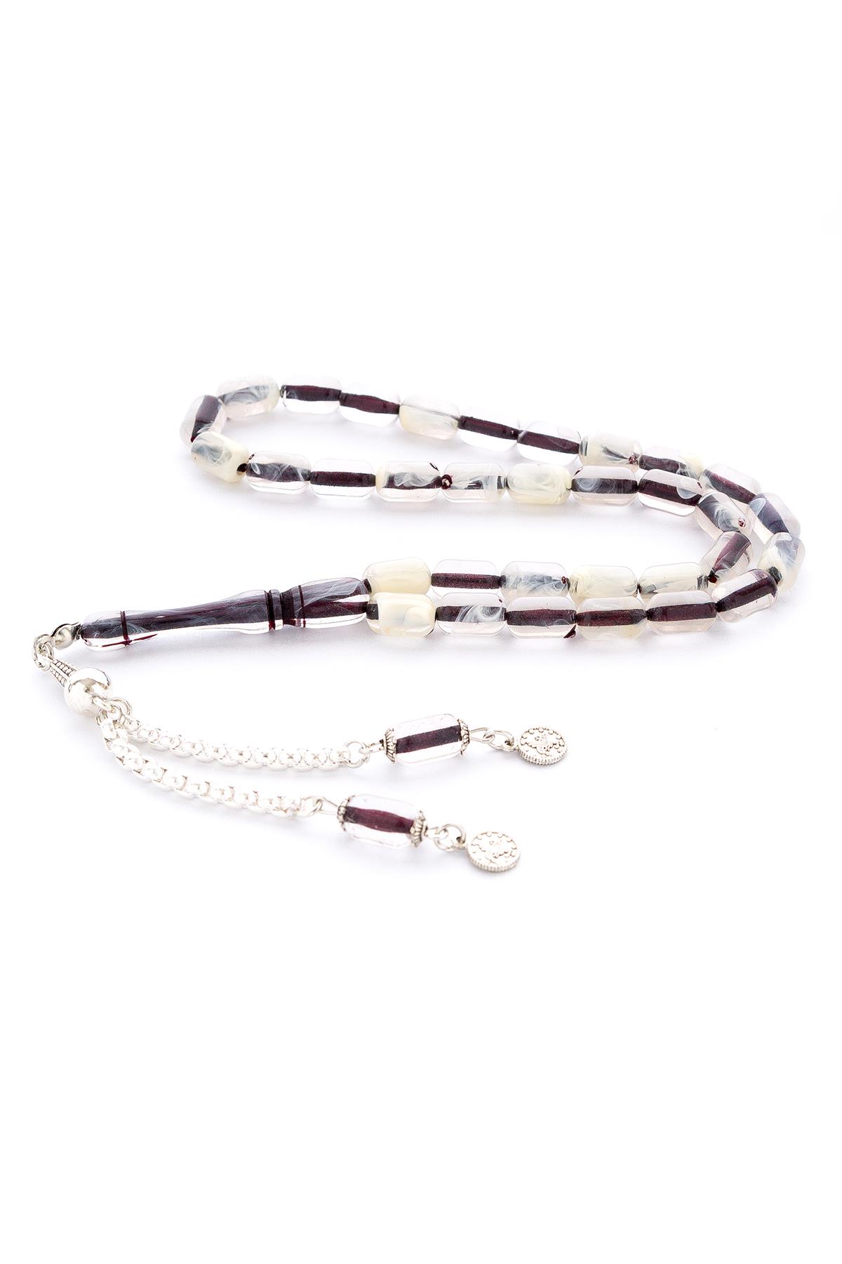 Kapsül Kesim Beyaz Şeffaf İp Yolları Eskitme Akrilik Döküm Tesbih Metal Püsküllü Kehribar Benzetme