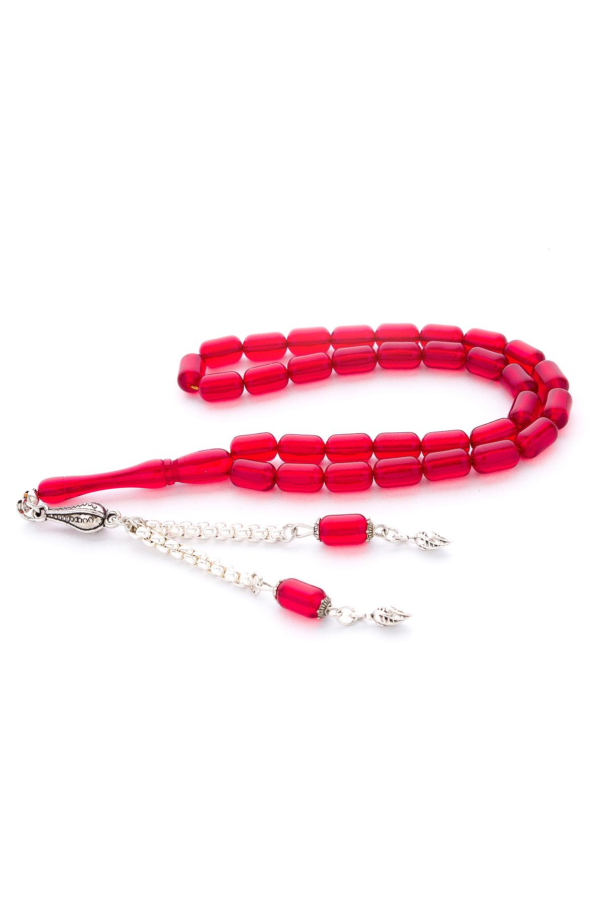 Kapsül Kesim Kırmızı Akrilik Döküm Tesbih Metal Püsküllü Kehribar Benzetme