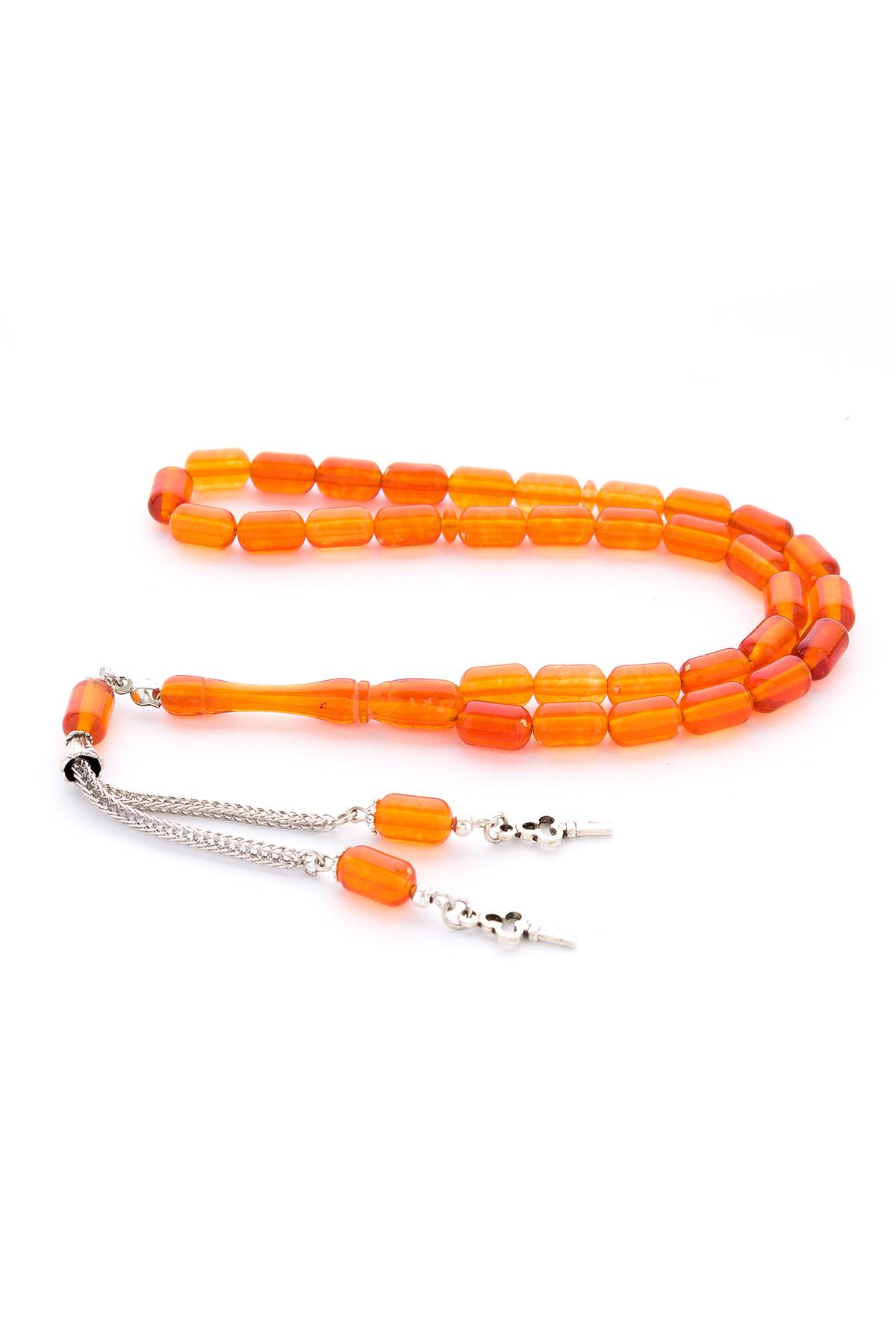 Kapsül Kesim Turuncu Akrilik Döküm Tesbih Metal Püsküllü Kehribar Benzetme