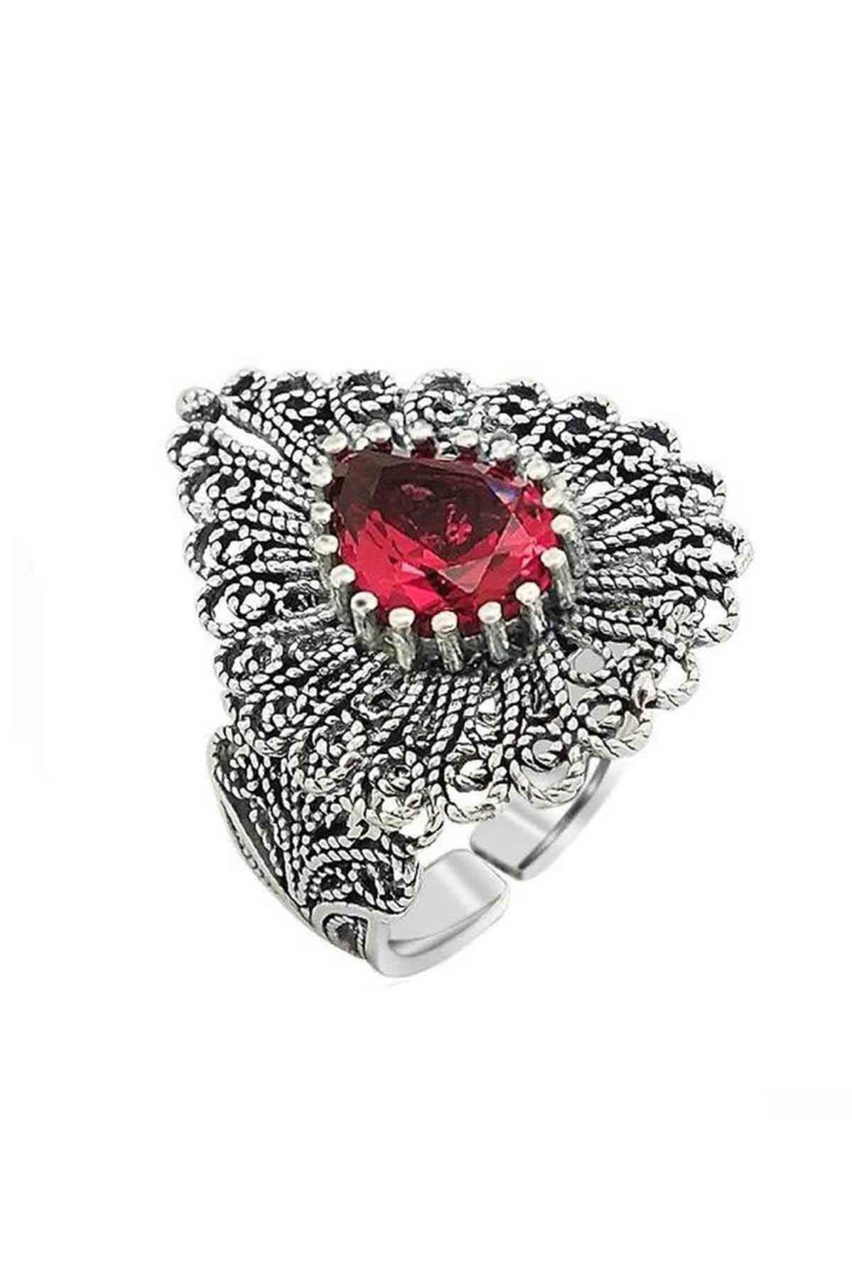 Miras Serisi Gümüş Telkari Lal Taşlı Damla Tasarım Bayan Yüzük