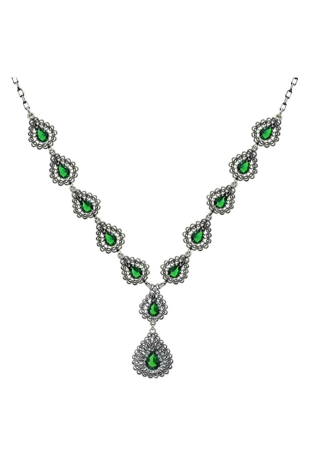 Miras Serisi Yeşim Taşlı Gümüş Telkari Gerdanlık Kolye