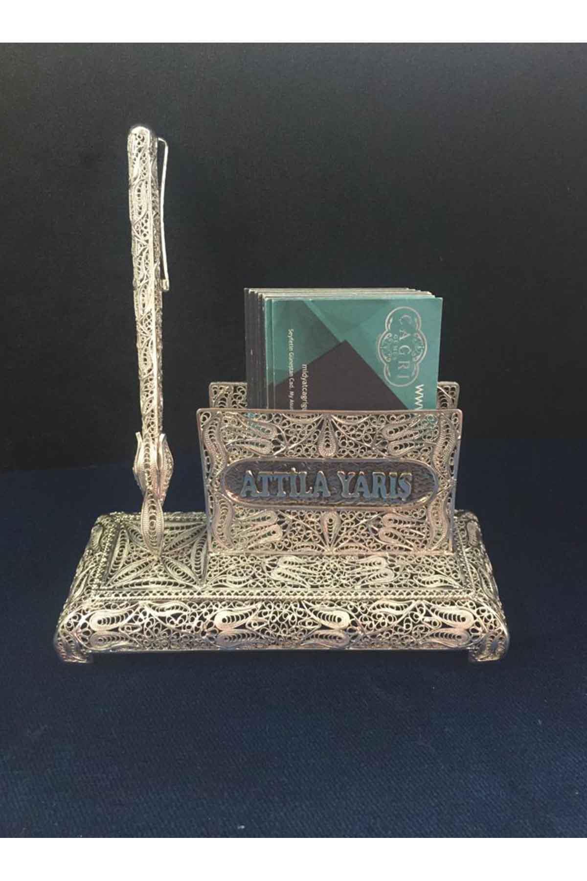 Kartlık Kartvizitlik Makam Masaüstü İsimli Telkari Gümüş Hediyelik Kalemlik