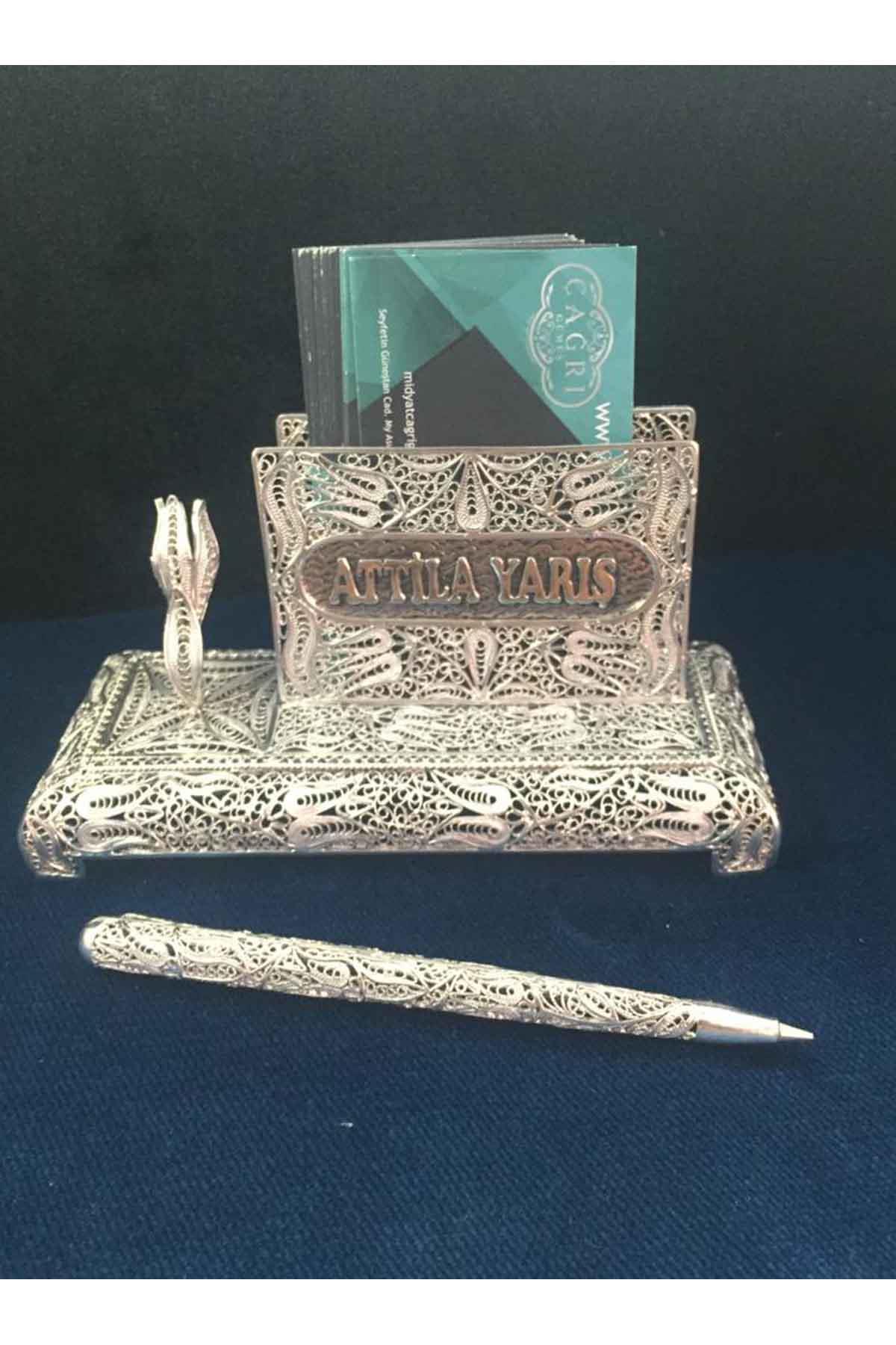 Kartlık Kartvizitlik Makam Masaüstü İsimli Telkari Gümüş Hediyelik Kalemlik